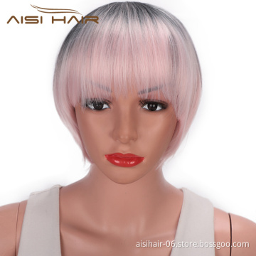 Aisi Hair High Temperature Fiber Straight Short Bob Wigs Ombre Pink Short Bob Wigs with Neat Bangs Cosplay Short Bob Wigs